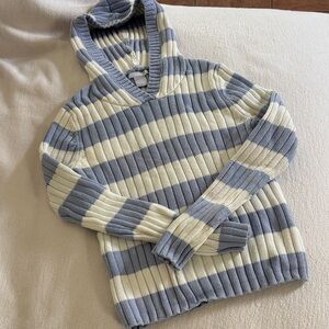 Striped V-Neck Sweater with Hood in Blue and Cream